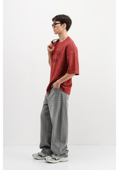 Vamos Oversize Baskılı Tişört V70-148 Bordo