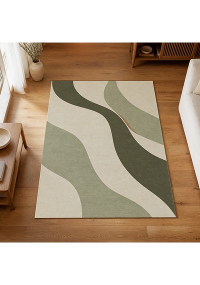 Kartela Halı Akış Dalgalı Modern Halı Adaçayı Yeşili Kaymaz Taban Makinede Yıkanabilir 60x90 Cm