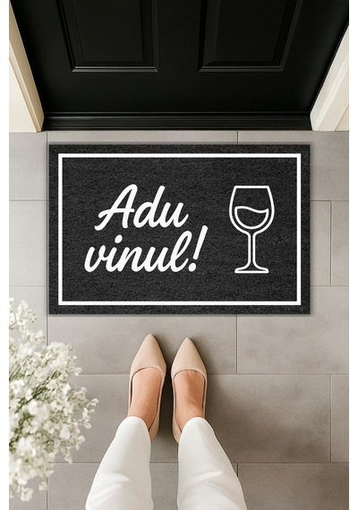 Rugmood Modern Dijital Baskı Adu Vinul Yazılı Kapı Önü Paspası Siyah