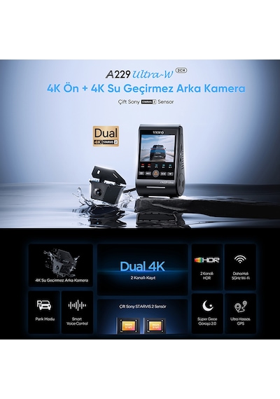 Viofo A229 Ultra 2 Kameralı Ön Ve Arka Dış Su Geçirmez 4k+4k Sony Starvis 2 Sensörlü Dual Hdr Wi-fi 6 Gps'li Araç Kamerası