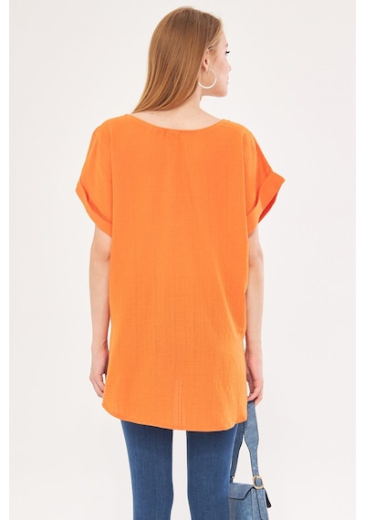 Armonika Kadın Turuncu V Yaka Yanları Yırtmaçlı Arkası Uzun Duble Kol Detaylı Oversize Bluz Arm-24y001074