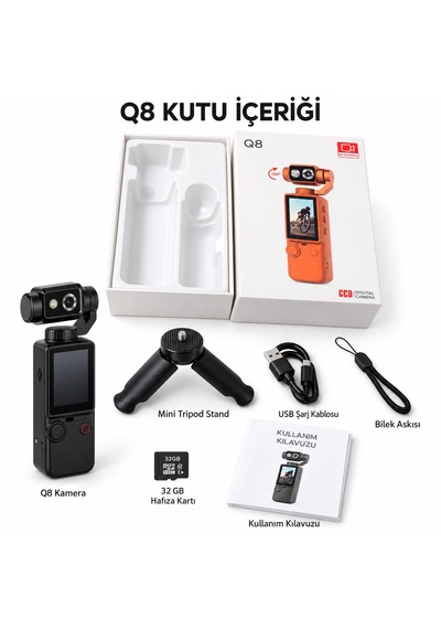 Q8 Dijital Mini Tripod Standlı 32 Gb Hafıza Kartlı Kamera Hd Video Kaydı Fotoğraf Çekimi Vlog Çekimi 180 Derece Dönebilen Lens 2.0 İnç Ekran 2000mah Batarya Aksiyon Kamerası Otomatik Odaklanma