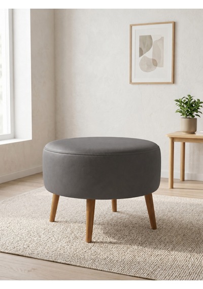 Modern Gri Deri Puf Yuvarlak Oturma Pufu Ahşap Ceviz Ayaklı Demonte 60x46 Cm