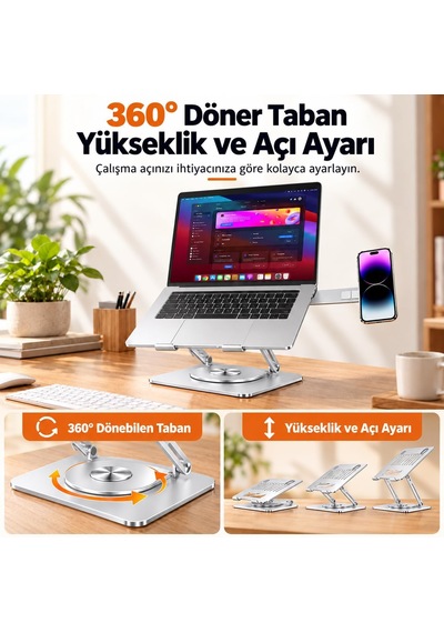2'si 1 Arada Laptop Standı, Karbon Çelik 360 Döner Yükseklik Ayarlı, Gizlenebilir Magsafe Uyumlu Telefon Tutuculu Notebook Standı, Macbook Uyumlu, 17.3 İnçe Kadar Gümüş