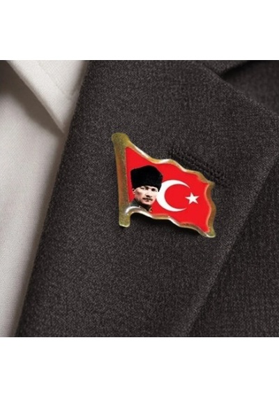 Atatürk Dalgalı Bayrak Rozet Türk Bayrağı Yaka Rozeti - 2 Adet Altın