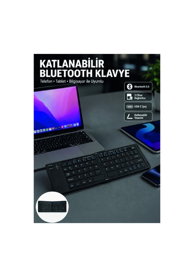 Katlanabilir Bluetooth Klavye 3 Cihaz Bağlantılı Kablosuz Taşınabilir Klavye Düz Renk
