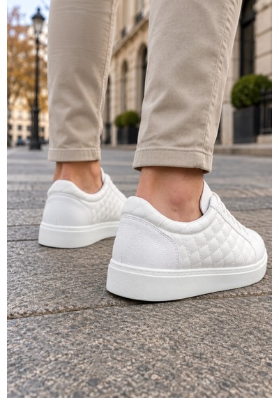 Mevese Egitserp Bağcıklı Cilt Kapitone Desenli Erkek Günlük Sneaker Ayakkabı - Beyaz