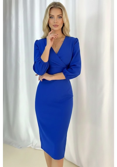 Defymoda Kadın Klasik Kesim Manşetli Elbise Mavi