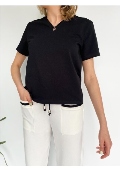 Kadın V Yaka Basic Tshirt Siyah