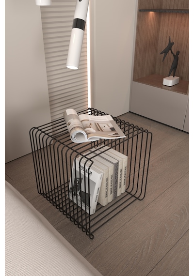 Miami Minimalist Metal Tel Kare Yan Sehpa Modern Küp Yan Sehpa & Modüler Kitaplık Dergilik Siyah