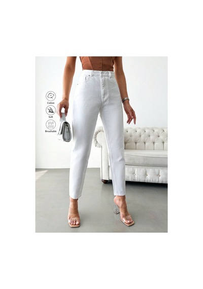 Kene Jeans Yüksek Bel Beyaz Keten Mom Pantolon Beyaz