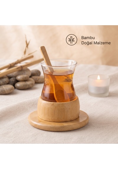 18 Parça Bambu Çay Seti - 6 Çay Bardağı - Borosilikat Cam Diğer