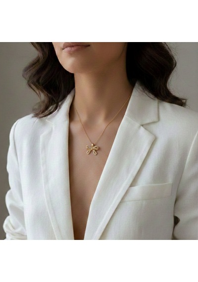 Lente Aksesuar Çelik Kararmaz Zirkon Taşlı 14k Altın Rengi Fiyonk Kolye Gold