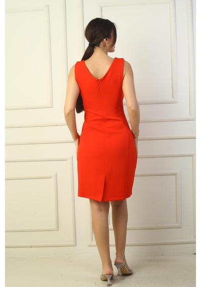 By Saygı V Yaka Klasik Kısa Krep Elbise-39840 Mercan