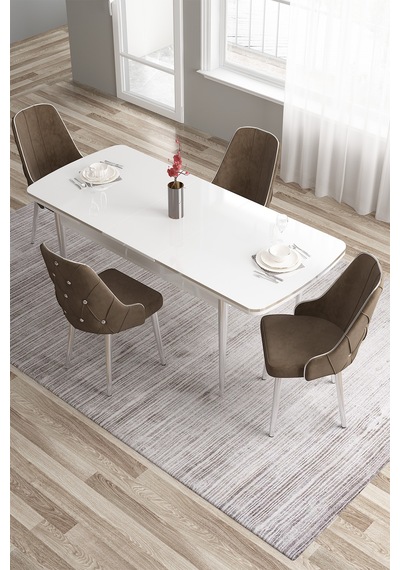 Canisa Tia Serisi 80x132 Açılabilir Mdf Mutfak Masası Takımı Beyaz Masa Krom Detay 4 Kahverengi Sandalye Masa Beyaz Sandalye Kahve Canisa Tia Serisi 80x132 Açılabilir Mdf Mutfak Masası Takımı Beyaz Masa Krom Detay 4 Kahverengi Sandalye Masa Beyaz Sandalye Kahve