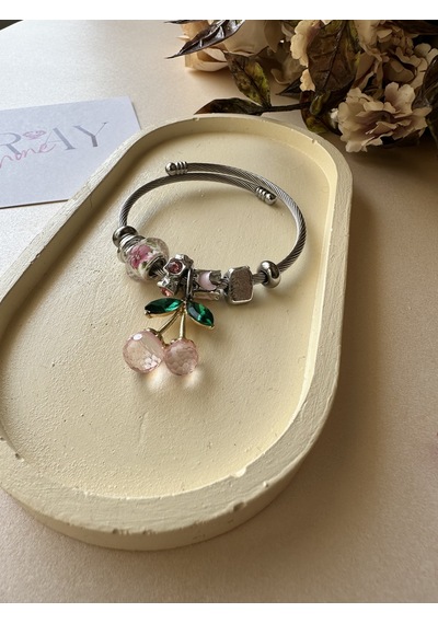 Pembe Kirazlı Gümüş Renk Çelik Charm Bileklik Çok Renkli