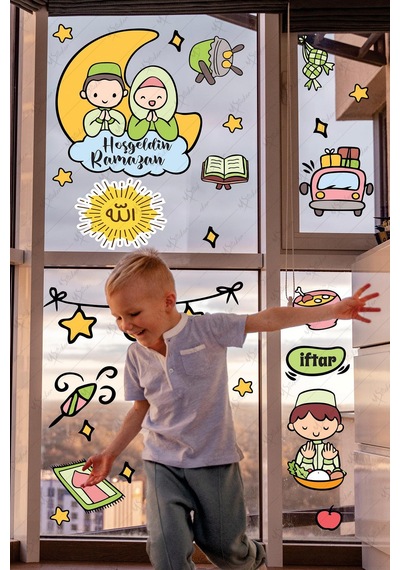 Hoşgeldin Ramazan Çocuk Odası Cam Duvar Sticker Seti Dua Eden Çocuklar Eğitici Ramazan Ayı Çok Renkli
