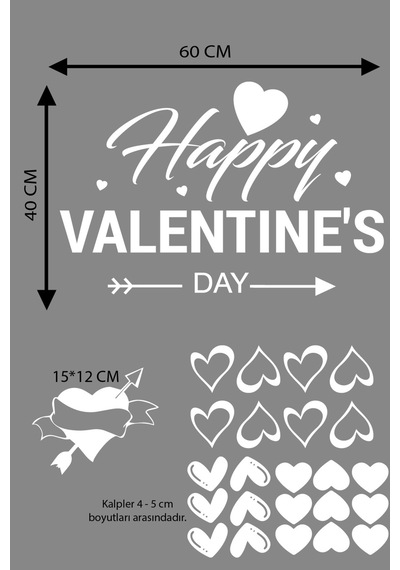 Happy Valentine's Day Sevgililer Günü Sticker Kalp, Love, I Love You Cam, Duvar Sticker Etiket Seti-4 Renkli