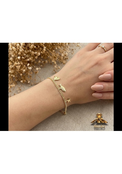 Balık Kalp Yıldız Model Gold Renk Bileklik Altın