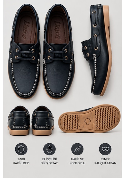 Liarca Marin Boat Shoe, %100 Hakiki Deri Siyah Bej Kauçuk Taban Erkek Boat Shoe Mokasen Laofer Casual A... Siyah - Bej