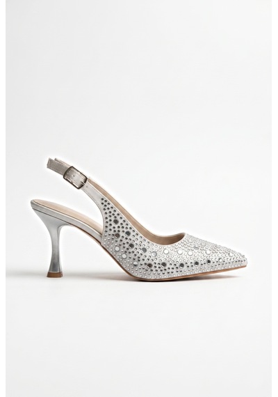 V.s.h Velvet Kadın Gri Taş Detaylı Kumaş Sivri Burun Stiletto Abiye Arkası Açık Topuklu Ayakkabı 1352-2252