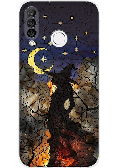 Printify Huawei P30 Lite İle Uyumlu Vitray Cadı Saati Tasarımlı Şeffaf Silikon Kılıf Şeffaf
