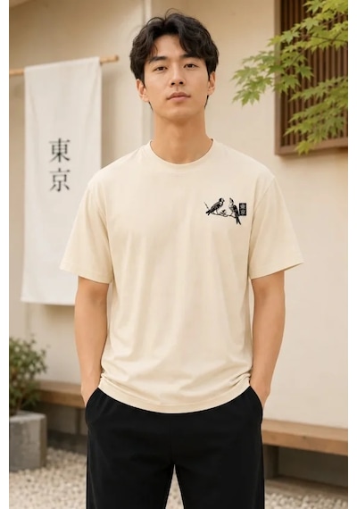 Veraura Lifestyle Erkek Ön Ve Arka Tokyo Kuş Çiçek Baskılı Oversize T-shirt - Ekru