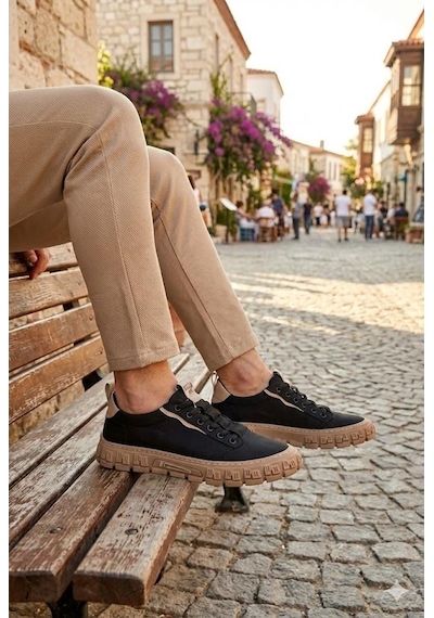 Guja 26y518 Rahat Desenli Kauçuk Taban Lastik Bağcıklı Erkek Sneaker Ayakkabı Siyah