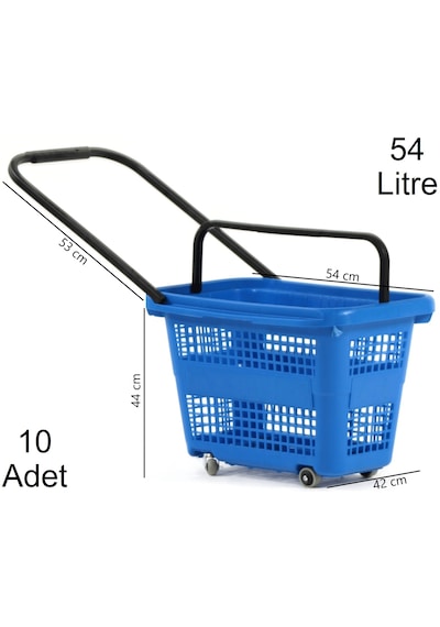 54 Litre 4 Tekerlekli Plastik Alışveriş El Sepeti Mavi 10 Adet / En:42 Boy:54 Yükseklik:44 Cm