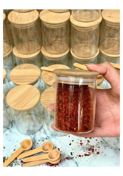 Romans Bambu Raflı Bambu Kapaklı 9'lu Baharatlık Seti 10 Parça ŞEffaf