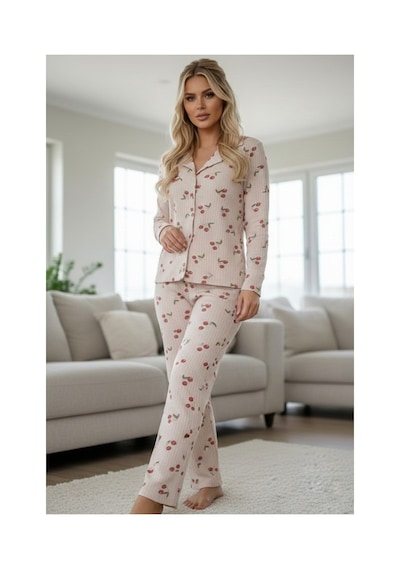 Siyah İnci Yumuşak Tuşe Kışlık Fitilli Düğmeli Pamuklu Örme Pijama Takım 7980 Vizon Kiraz