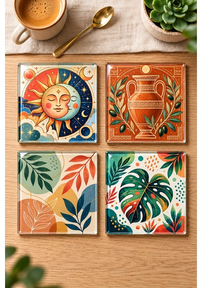 Gökçeoğlu Cam Bardak Altlığı Güneş Ay Ve Botanik Temalı 4'lü Takım 10cm X 10cm Çok Renkli