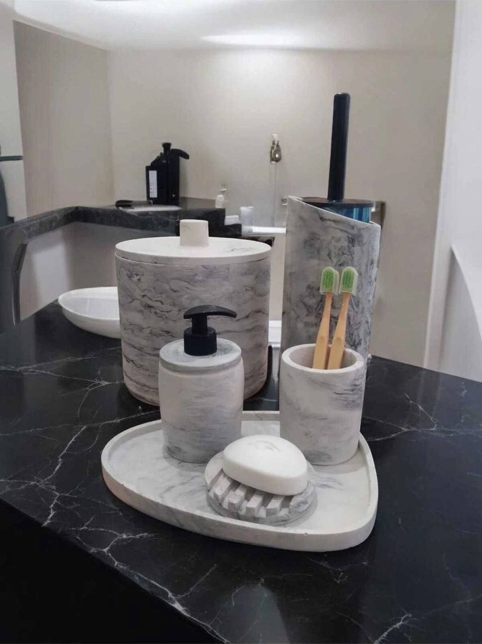 Mermer Desen Tam Beton Banyo Seti,tuvalet Fırçası,çöp Kovası,katı,sıvı Sabunluk,tepsi Gri