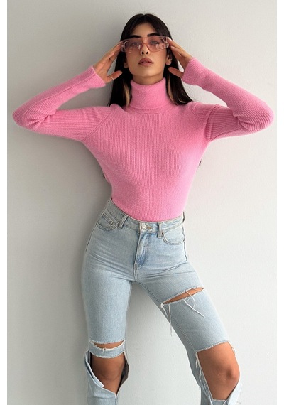 Femelle Kadın Pembe Standart Beden Peluş Triko Boğazlı Kazak