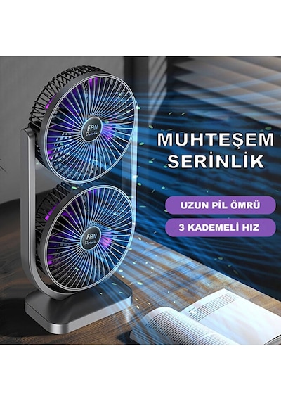Şarjlı İkili Başlıklı Masaüstü Fan Vantilatör 2400 Mah 3 Kademeli Hız Sessiz Çalışma Döner B