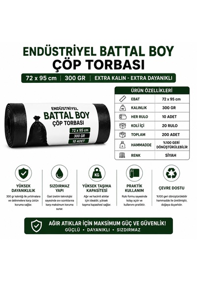 Endüstriyel Battal Boy Çöp Torbası 72x95 Cm 300 Gr - 20 Rulo X 10 Adet Toplam 200 Adet Kalın Ve Dayanıklı Siyah Çöp Poşeti
