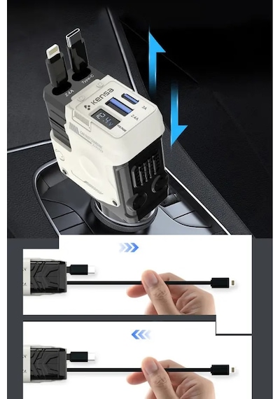 66w Araç Hızlı Şarj Cihazı Usb-c & İos Uyumlu Geri Çekilebilir Kablo Dijital Ekran 66w White