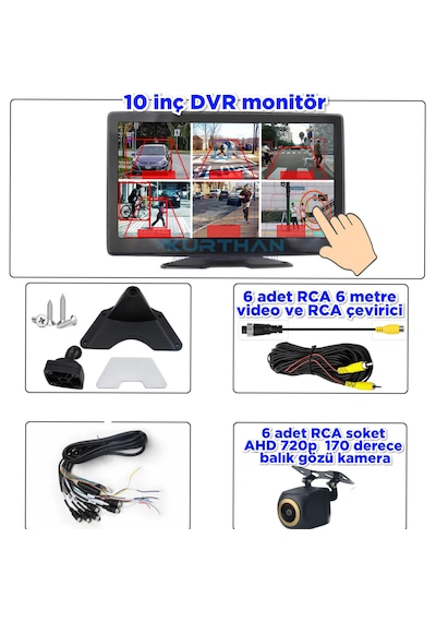 6 Ch 512 Gb 10 İnç Dokunmatik Usb Bsd Dvr Ekran 170'' Balık Gözü Ahd 720p Rca Kamera 12 Volt
