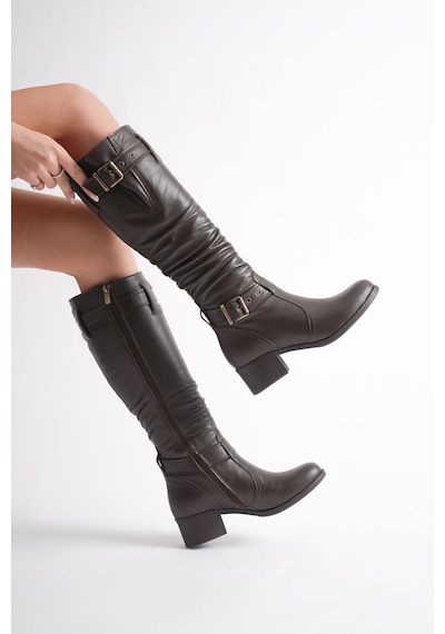 Analin Shoes Kadın Hakiki Deri Körüklü Ayarlanabilir Tokalı Çizme Kahve