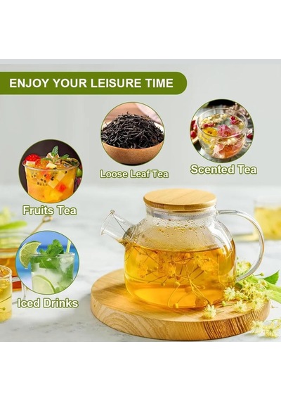 1000 Ml Bambu Kapaklı Isıya Dayanıklı Cam Demlik Cam Sürahi Şeffaf