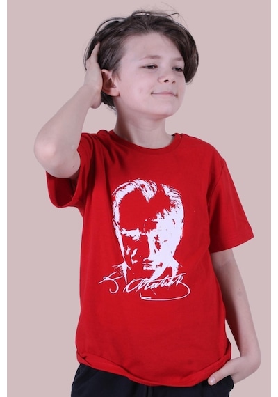 Panios Kids Imzalı Atatürk Baskılı Unisexs T-shırt Kırmızı - Beyaz