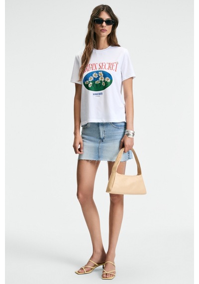 ETHIQUET KARIVA Kadın Bisiklet Yaka Kısa Kollu Ön Baskı Detaylı Regular Fit Beyaz T-Shirt