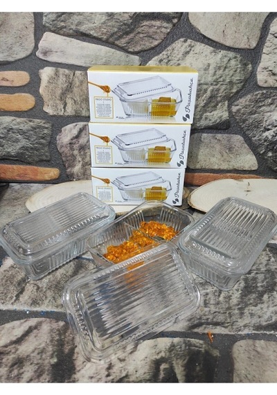 Tereyağlık.3 Lü 3 Adet Iki Bölmeli Cam Tereyağlık-kahvaltılık Saklama Kabı Şeffaf