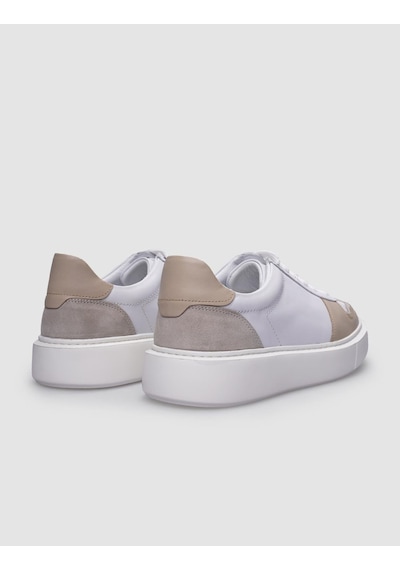 %100 Hakiki Deri Beyaz - Bej Bağcıklı Erkek Sneaker Beyaz