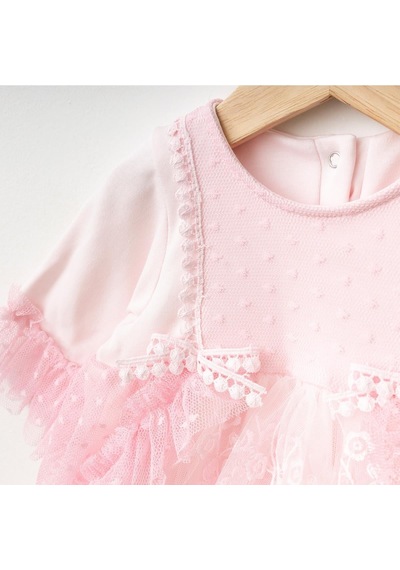 Ürünya Kız Bebek Uzun Kollu Bandanalı Tüllü Tokalı Elbise Pembe
