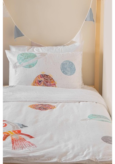Space Planet White%100 Organik Pamuk Tek Kişilik Çocuk Nevresim Takımı 100 X 200 Cm Çok Renkli