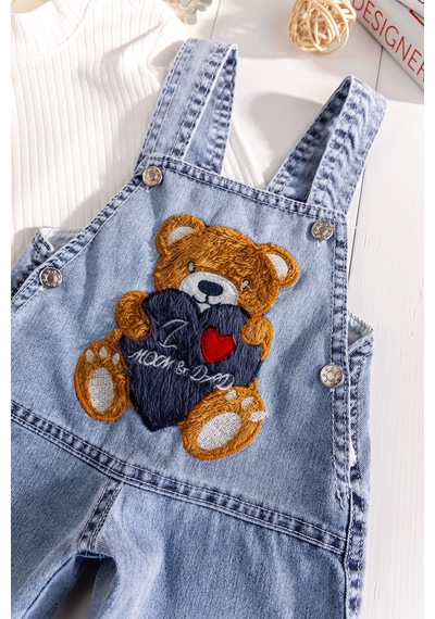 Baby Mod Ayıcık Figürlü Denim 2'li Erkek Bebek Kot Salopet Tulum mavi
