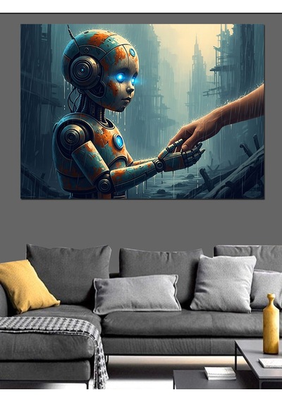 Ahşap Tablo İnsan Elini Tutan Küçük Robot