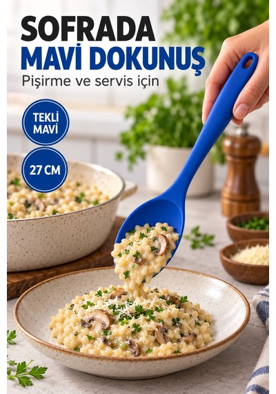 Tekli Mavi Büyük Boy Silikon Kaşık 27 Cm Mutfak Yemek Pişirme Ve Servis Kaşığı Sunum Ve Pişirme İçin