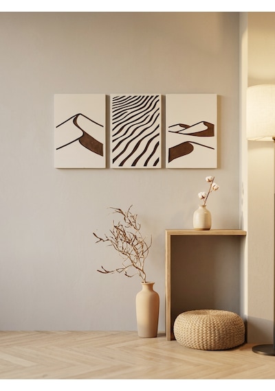 Desert Trilogy 3'lü Duvar Sanatı Seti - Modern Soyut Kum Tepesi Ve Rüzgar Dalgaları Motifli Kazıma Tablo, Organik Minimalist Oyma Tablo Seti